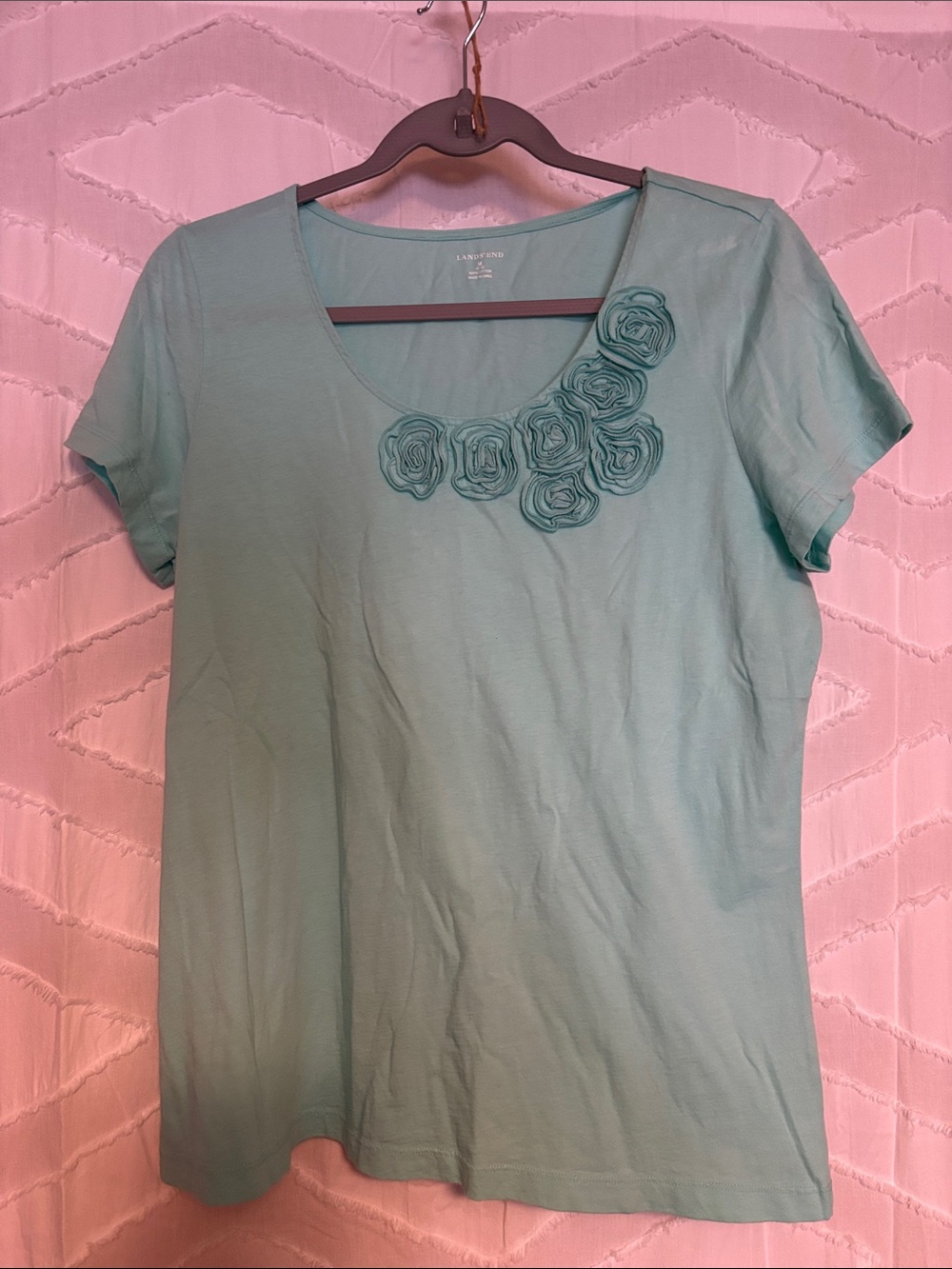 Lands' End Mint Green Scoop Neck Tee with Floral Rosette Accent